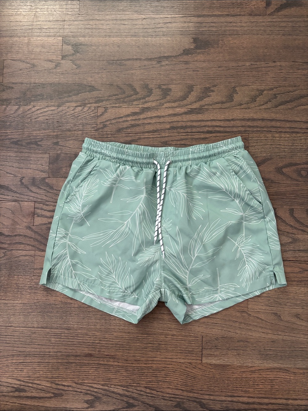Men's Sage Green Leaf Print Swim Trunks